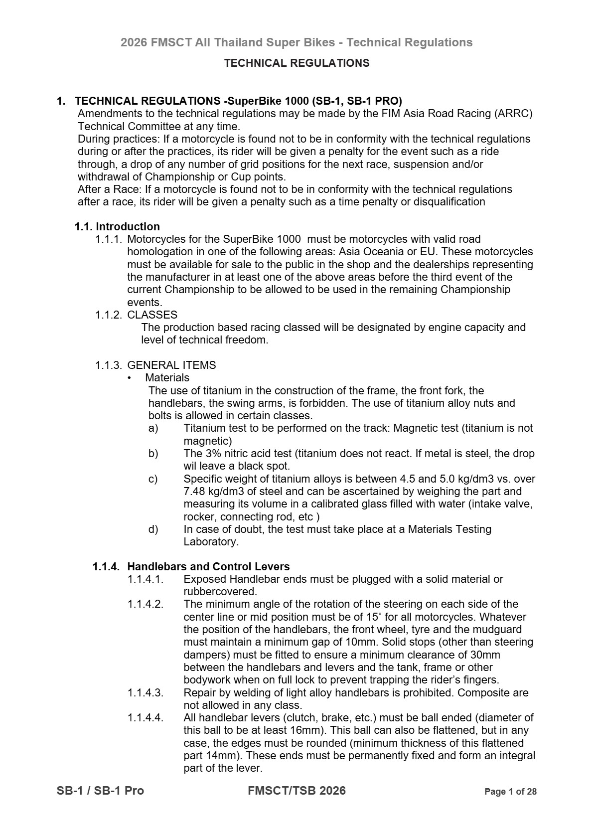 Page 1 of 2026 FMSCTTSB SuperBike 1000 Technical Regulations SB1-SB1Pro Rev2