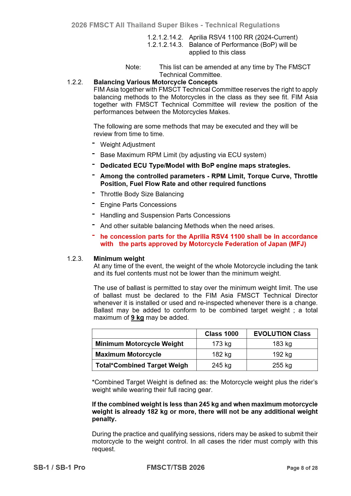 Page 8 of 2026 FMSCTTSB SuperBike 1000 Technical Regulations SB1-SB1Pro Rev2