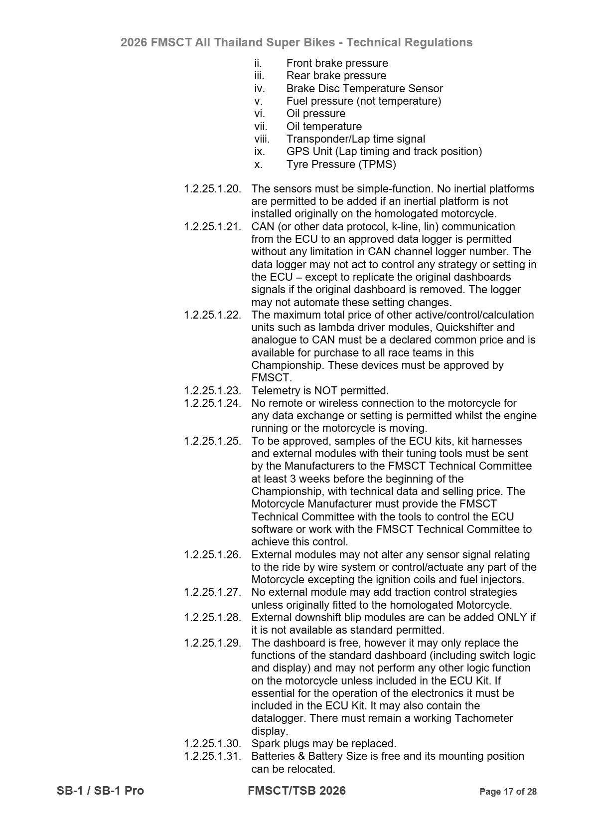 Page 17 of 2026 FMSCTTSB SuperBike 1000 Technical Regulations SB1-SB1Pro Rev2