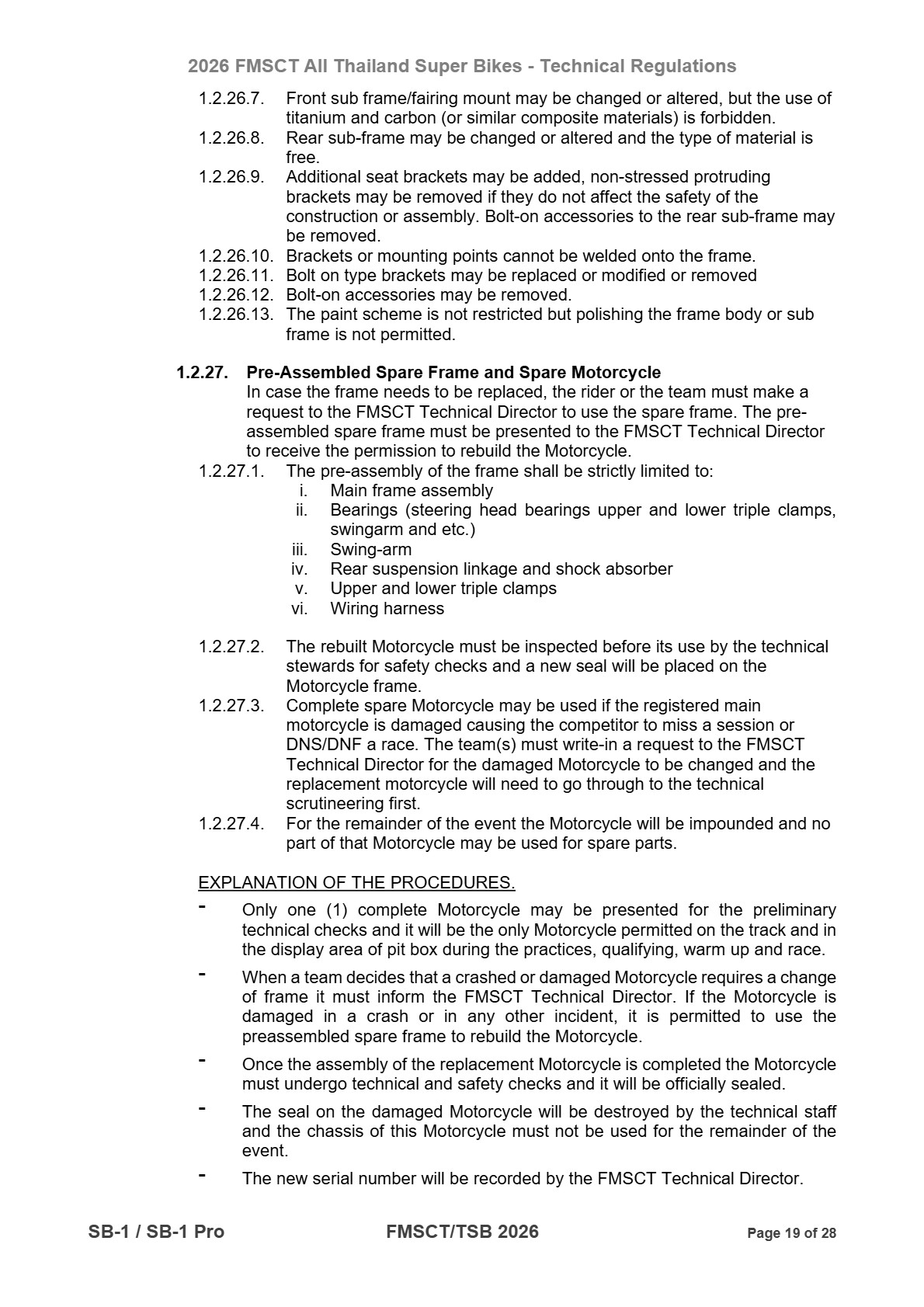 Page 19 of 2026 FMSCTTSB SuperBike 1000 Technical Regulations SB1-SB1Pro Rev2