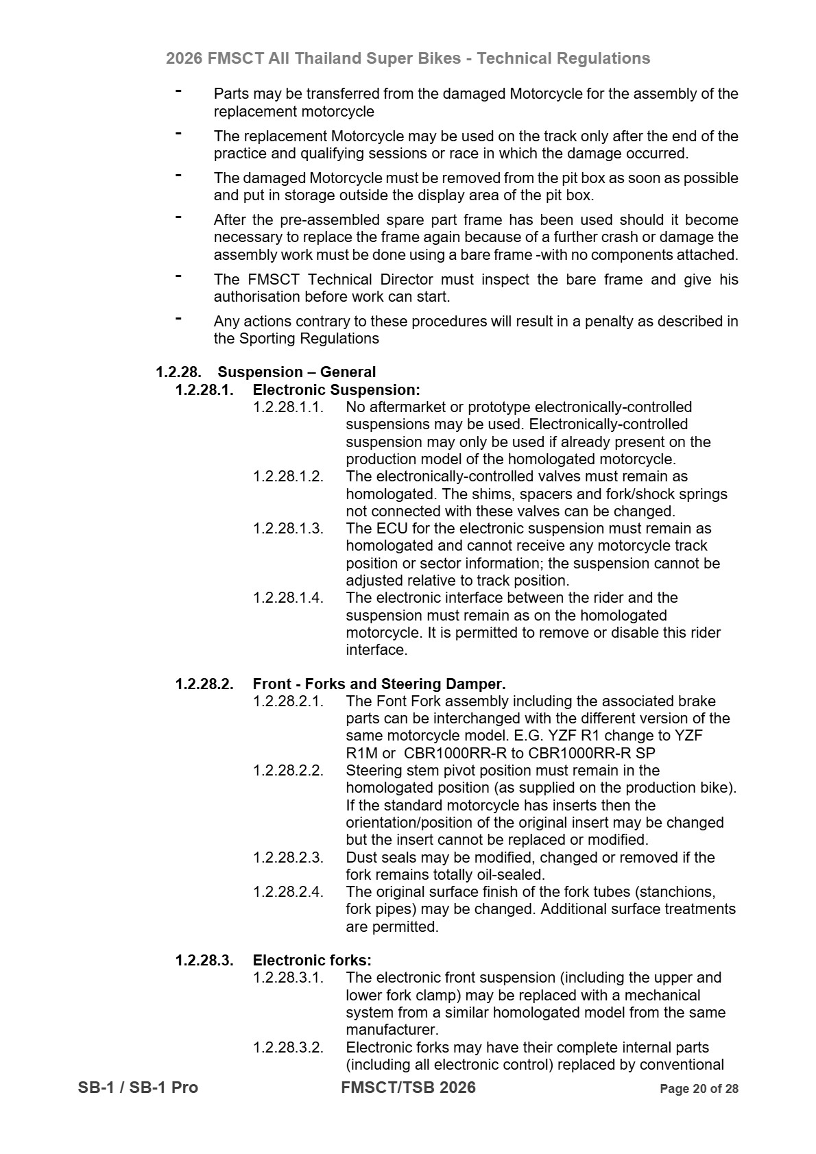Page 20 of 2026 FMSCTTSB SuperBike 1000 Technical Regulations SB1-SB1Pro Rev2