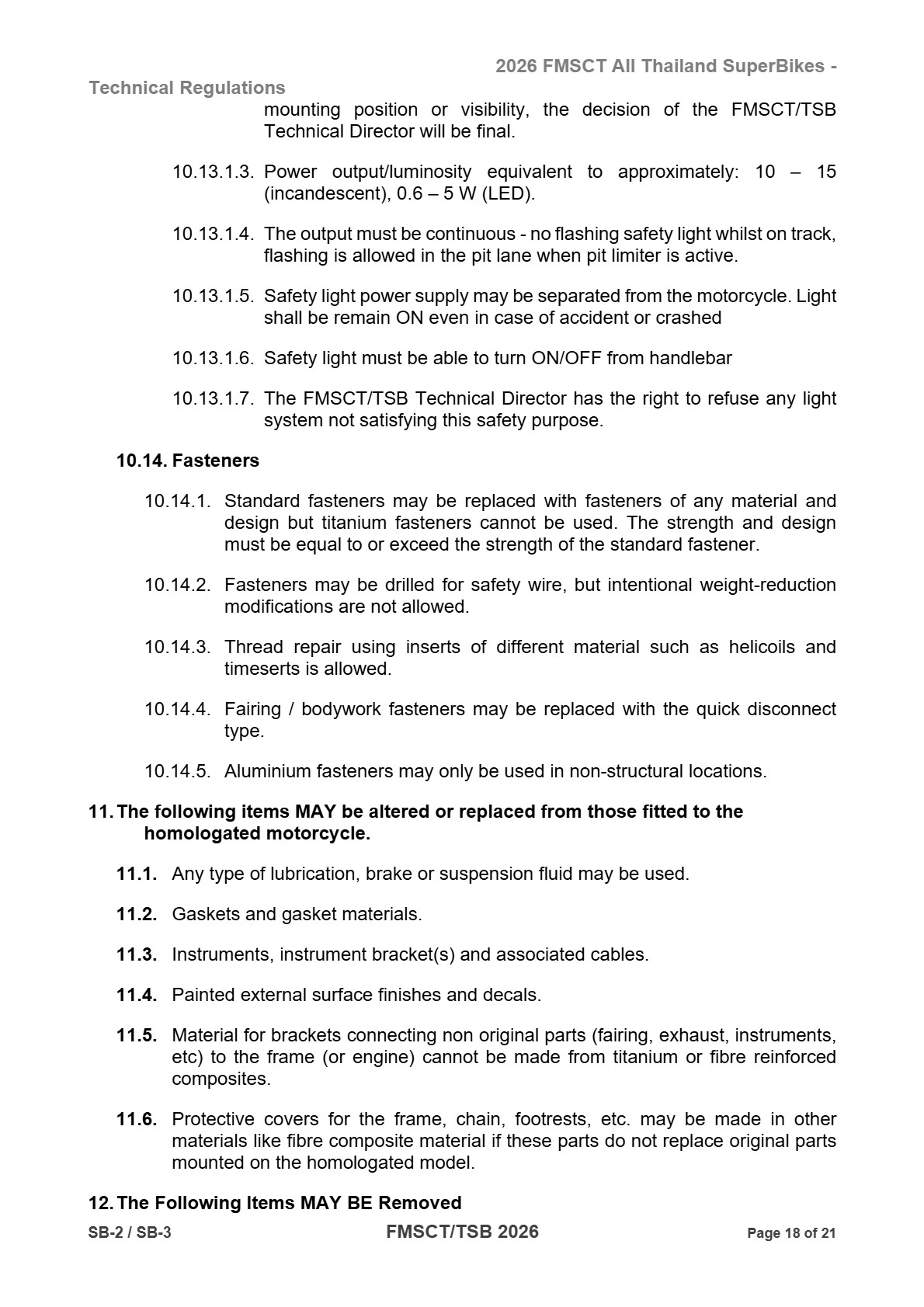 Page 18 of 2026 FMSCTTSB SuperBike 1000 Technical Regulations SB2-SB3 Rev1
