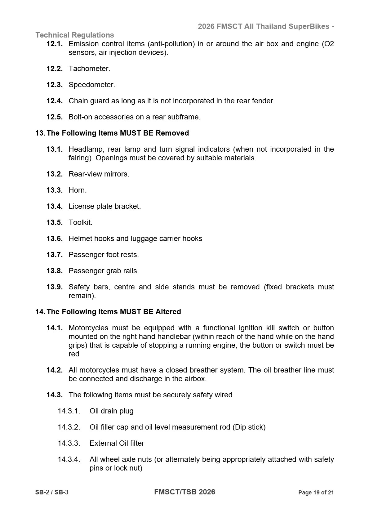 Page 19 of 2026 FMSCTTSB SuperBike 1000 Technical Regulations SB2-SB3 Rev1