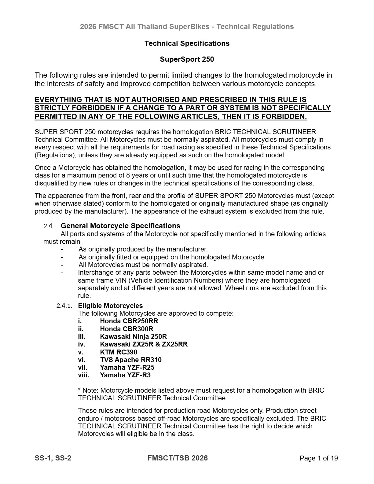 Page 1 of 2026 FMSCTTSB SuperSports 250 Technical Regulations Rev1