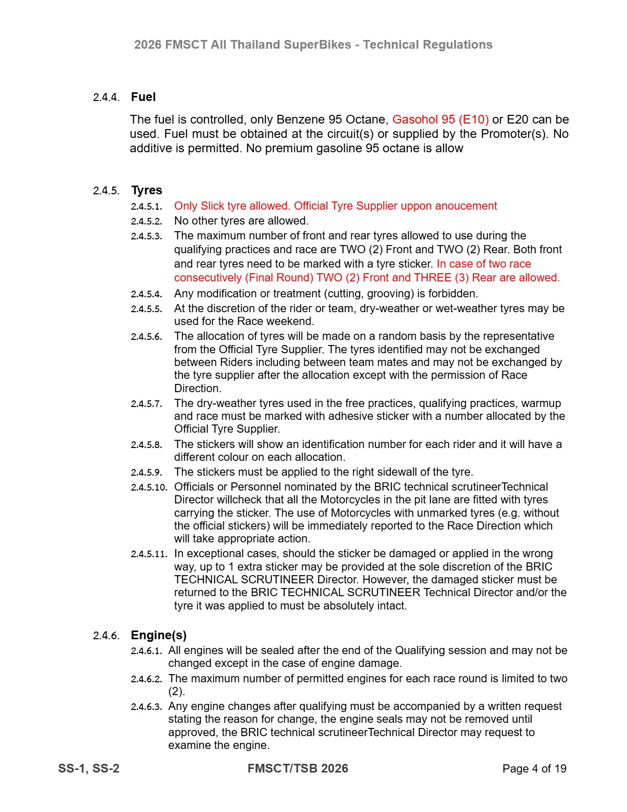 Page 4 of 2026 FMSCTTSB SuperSports 250 Technical Regulations Rev1