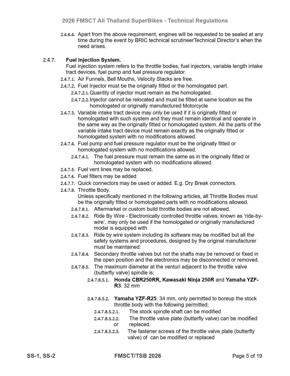 Page 5 of 2026 FMSCTTSB SuperSports 250 Technical Regulations Rev1