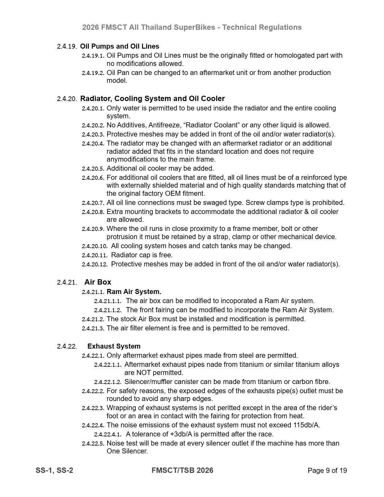 Page 9 of 2026 FMSCTTSB SuperSports 250 Technical Regulations Rev1