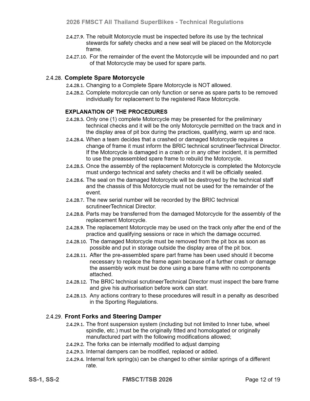 Page 12 of 2026 FMSCTTSB SuperSports 250 Technical Regulations Rev1