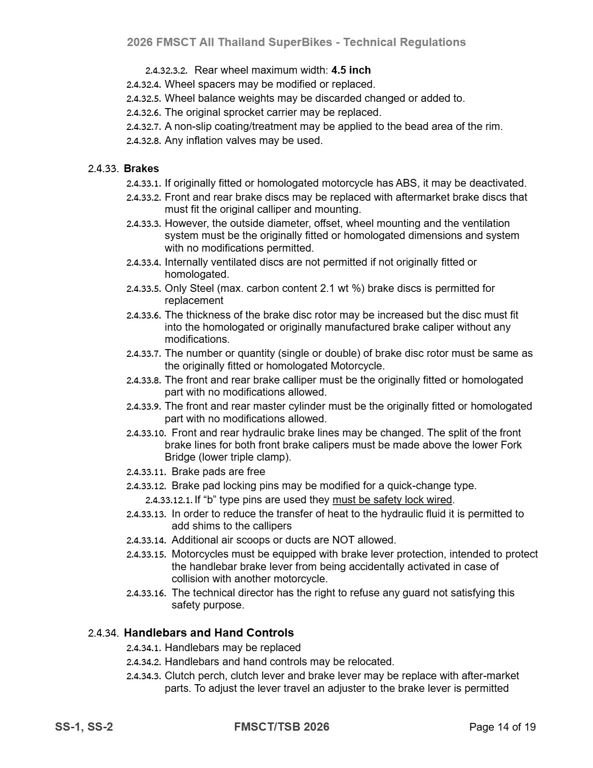 Page 14 of 2026 FMSCTTSB SuperSports 250 Technical Regulations Rev1
