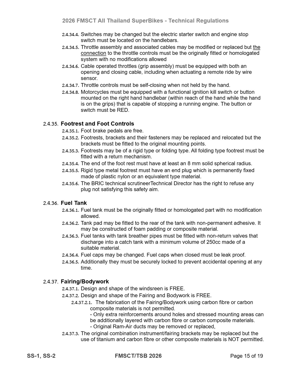 Page 15 of 2026 FMSCTTSB SuperSports 250 Technical Regulations Rev1