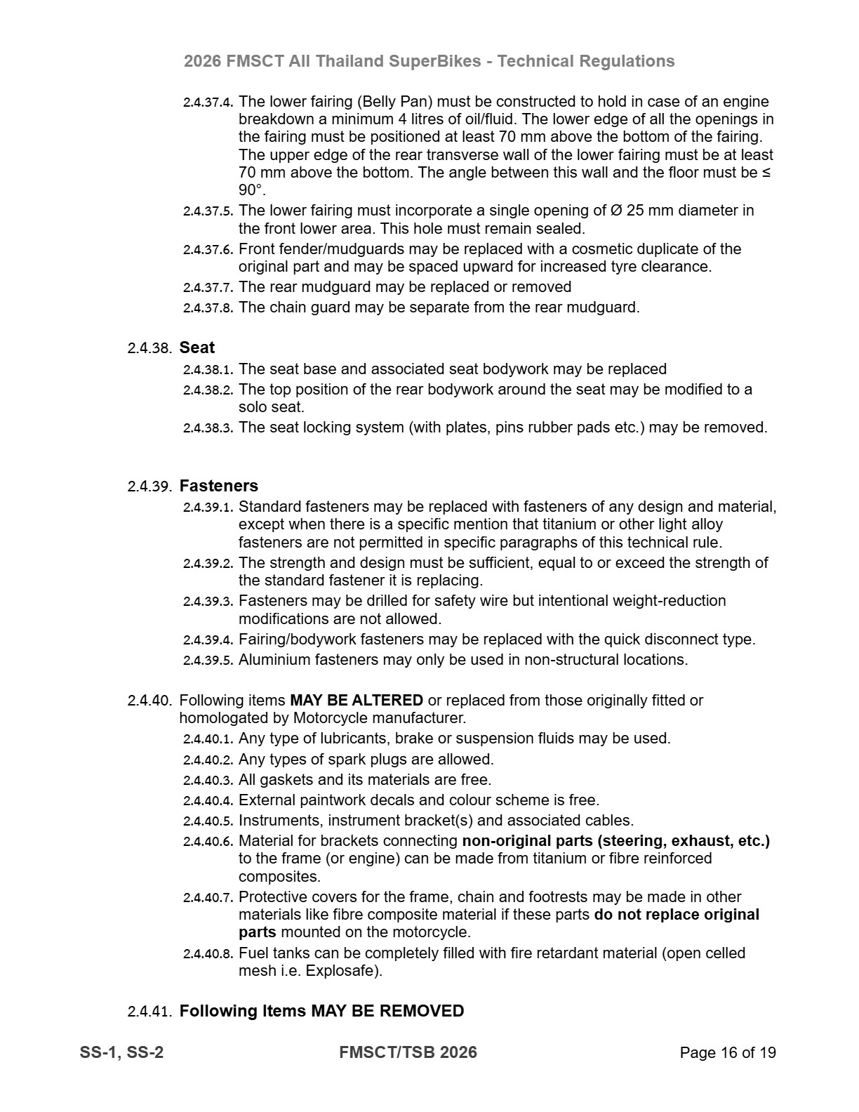 Page 16 of 2026 FMSCTTSB SuperSports 250 Technical Regulations Rev1