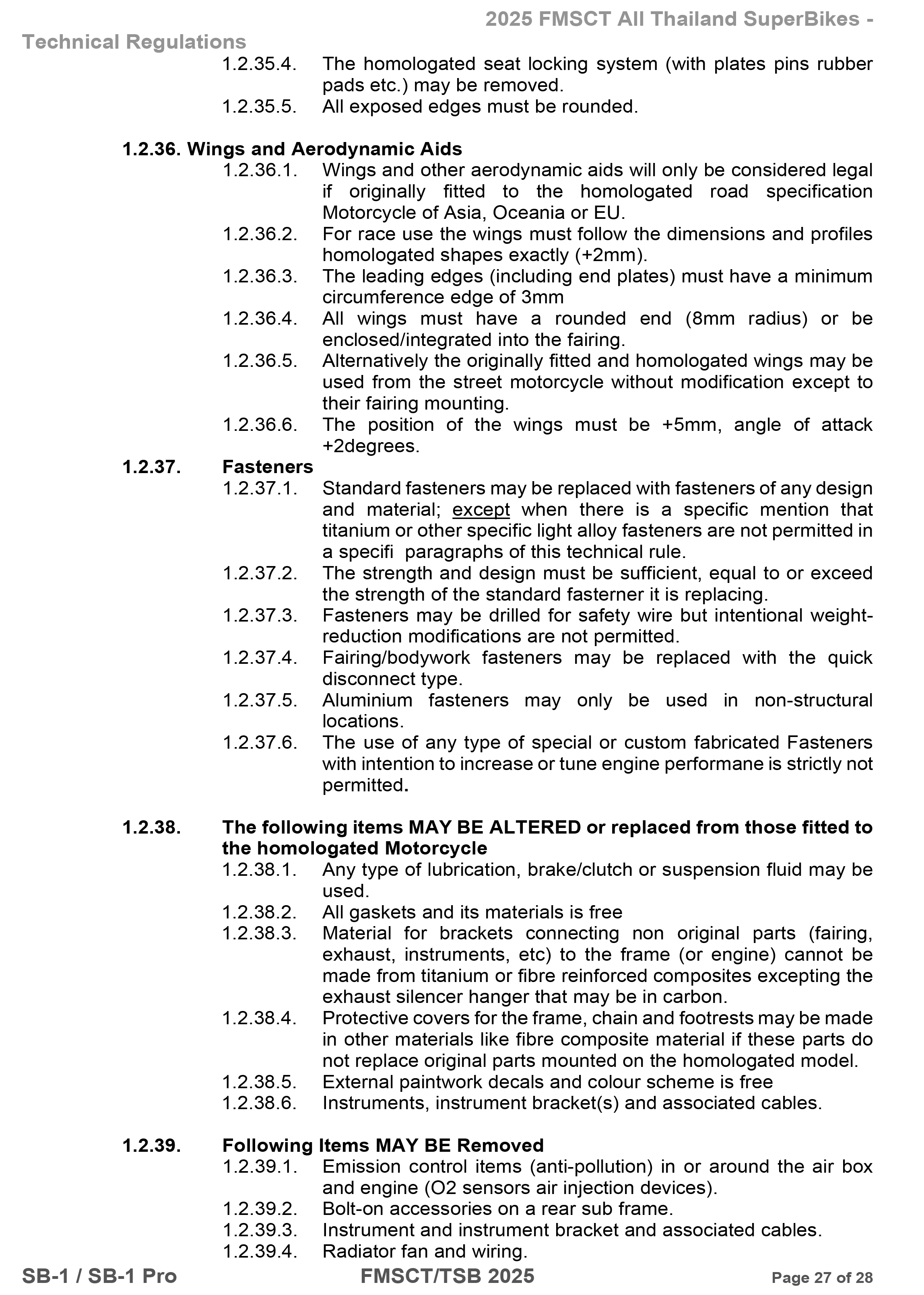 Page 27 of 2025 FMSCTTSB SuperBike 1000 Technical Regulations SB1-SB1Pro V1.4