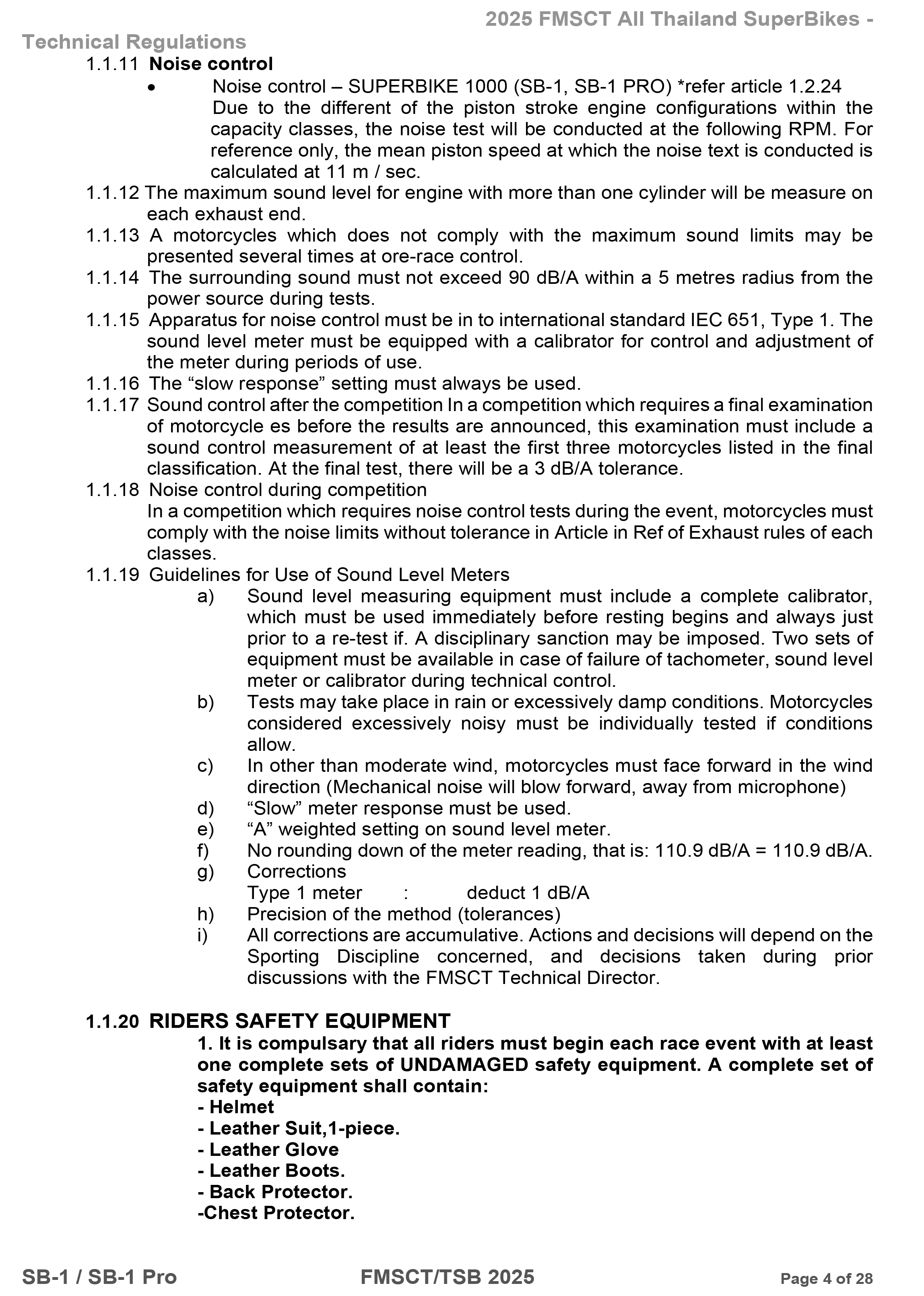 Page 4 of 2025 FMSCTTSB SuperBike 1000 Technical Regulations SB1-SB1Pro V1.4