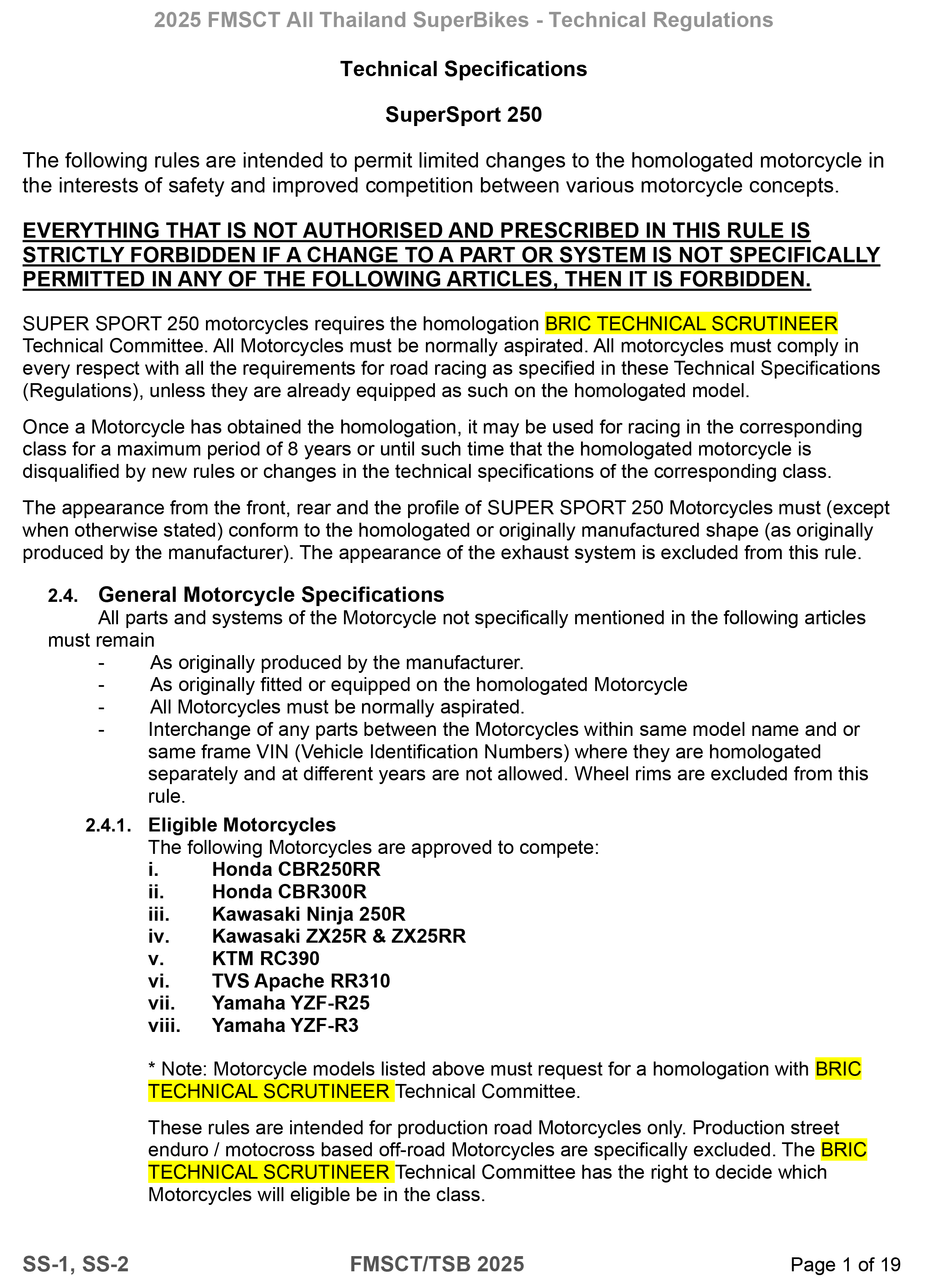 Page 1 of 2025 FMSCTTSB SuperSports 250 Technical Regulations Rev1.7