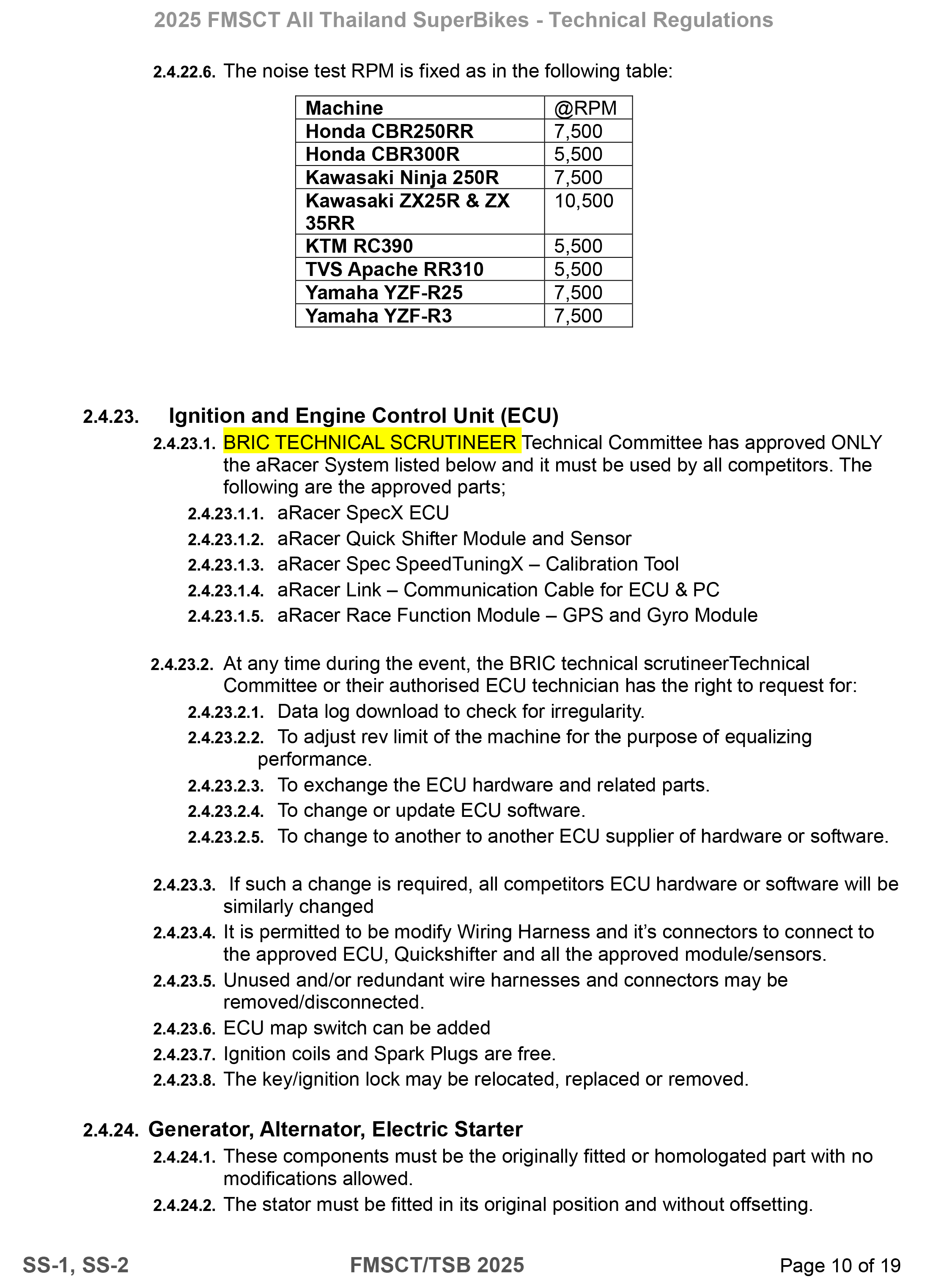 Page 10 of 2025 FMSCTTSB SuperSports 250 Technical Regulations Rev1.7