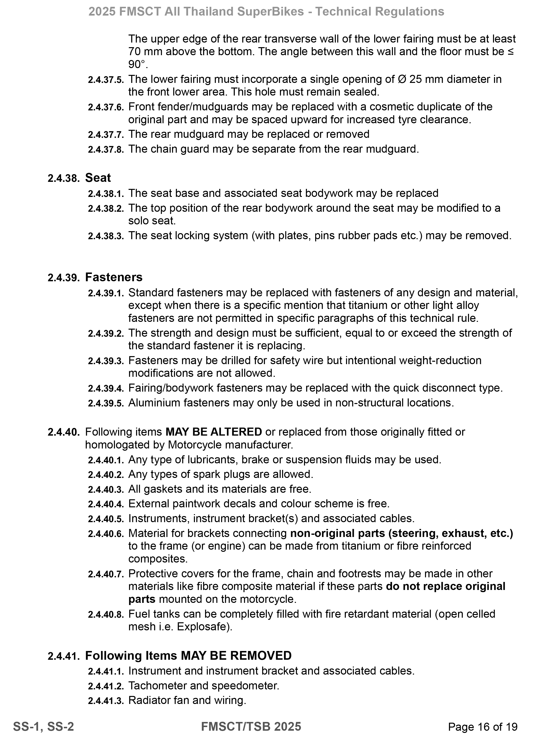 Page 16 of 2025 FMSCTTSB SuperSports 250 Technical Regulations Rev1.7