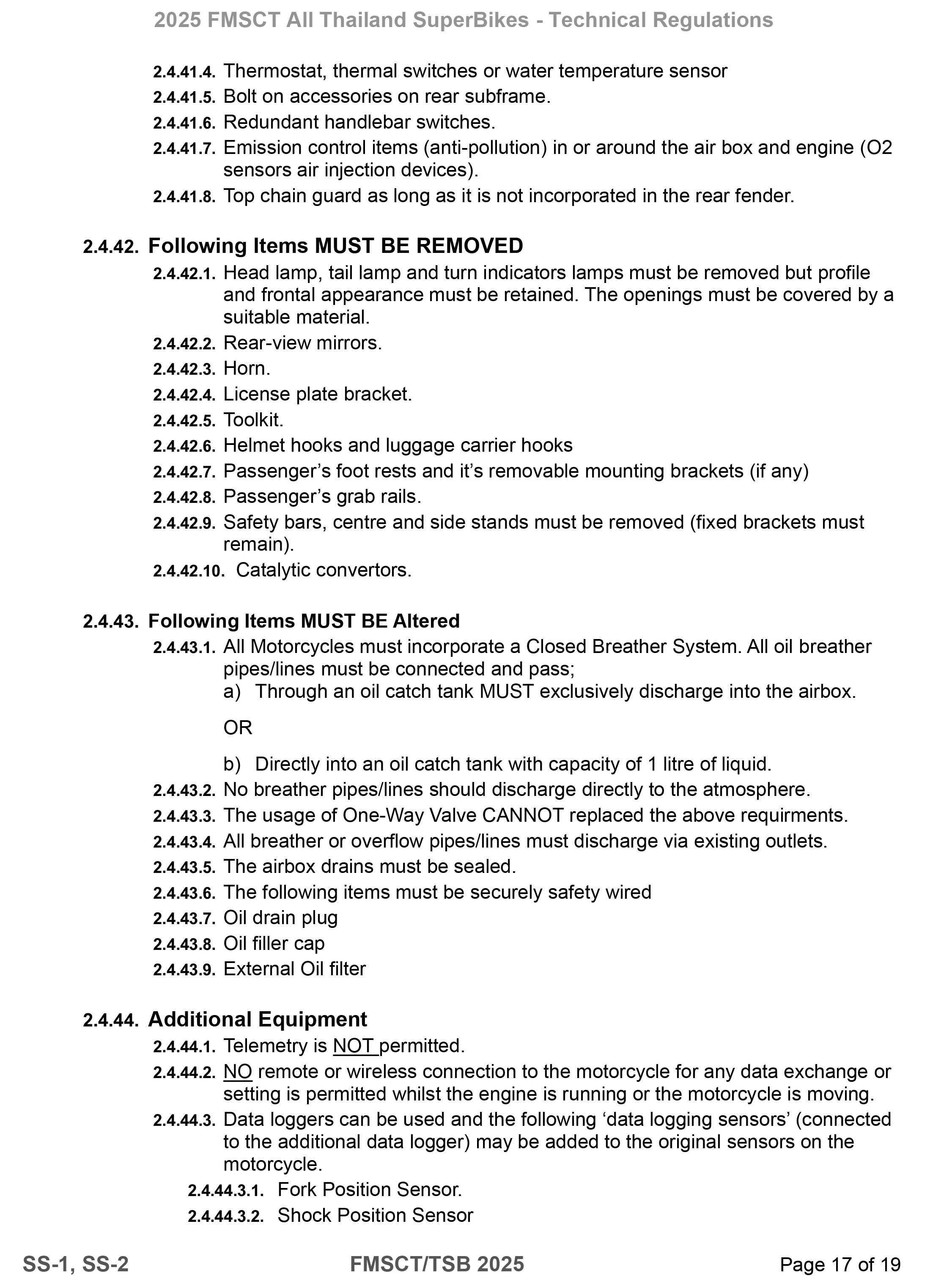 Page 17 of 2025 FMSCTTSB SuperSports 250 Technical Regulations Rev1.7