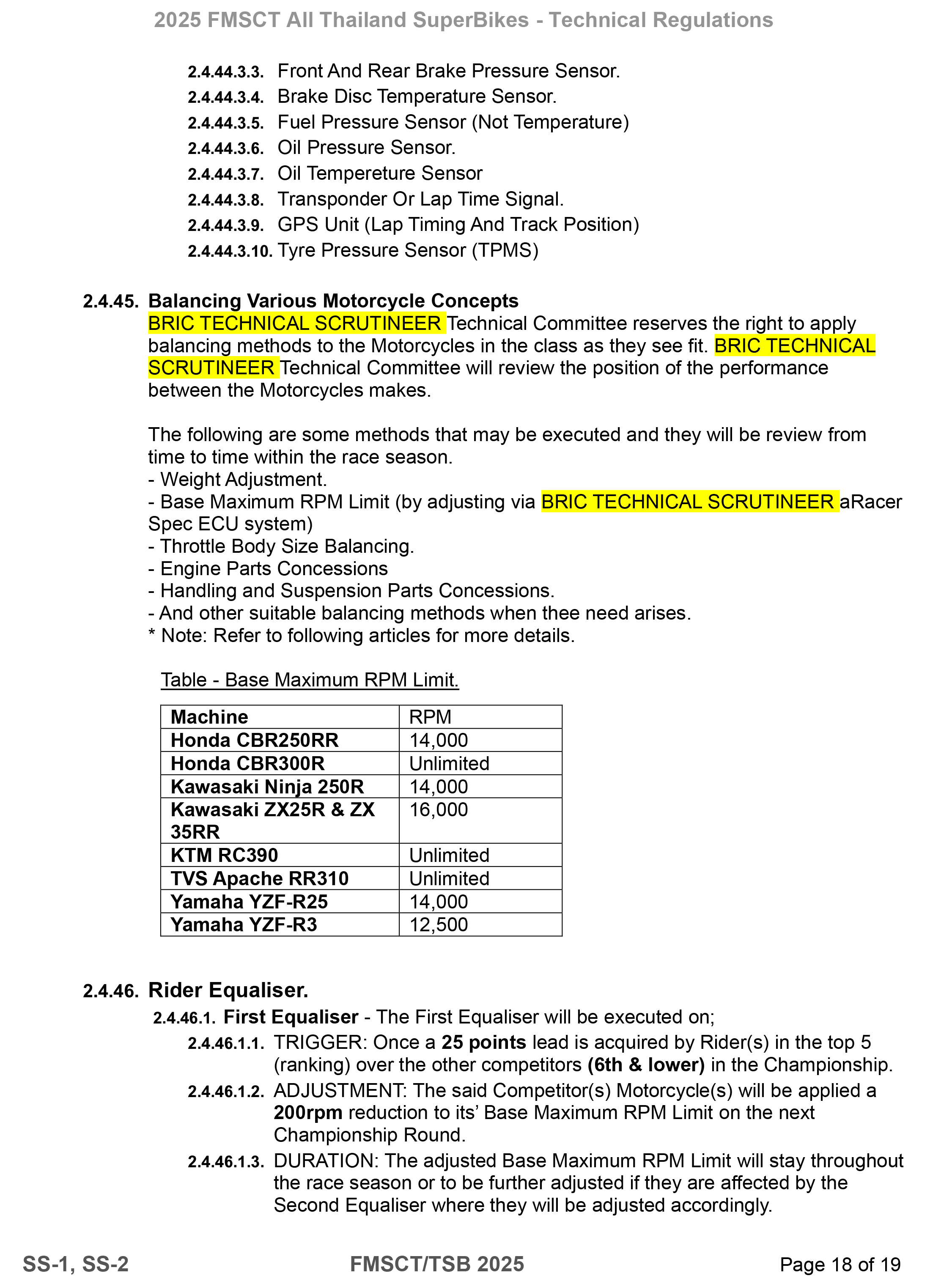 Page 18 of 2025 FMSCTTSB SuperSports 250 Technical Regulations Rev1.7